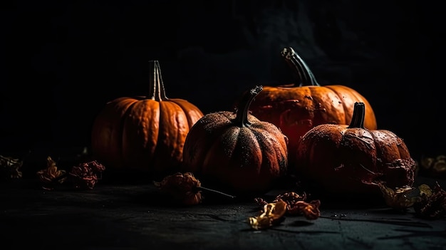 A group of pumpkins on a dark background