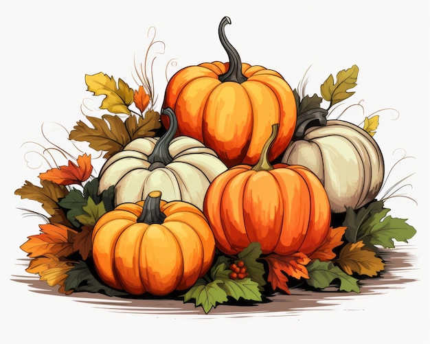 a group of pumpkins and leaves on a white background