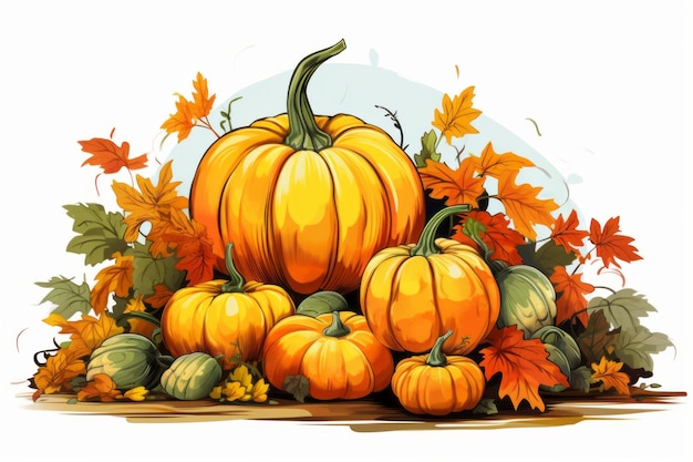 a group of pumpkins and leaves on a white background