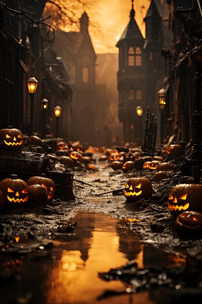 a group of pumpkins on a path in a dark alley