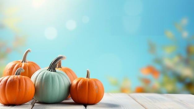 a group of pumpkins pumpkins and pumpkins sit on a wooden table