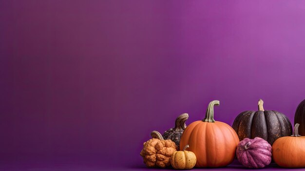 A group of pumpkins on a purple background or wallpaper