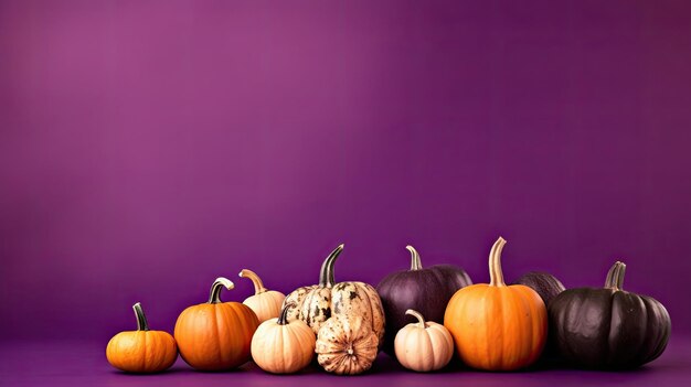 A group of pumpkins on a purple background or wallpaper