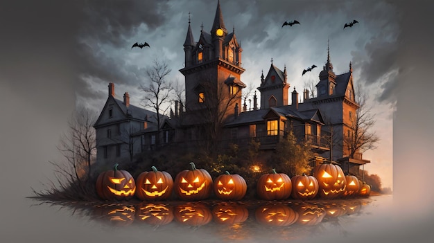 A Group Of Pumpkins Sitting In Front Of A Castle