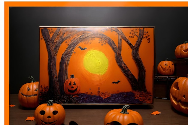 A Group Of Pumpkins Sitting In Front Of A Painting