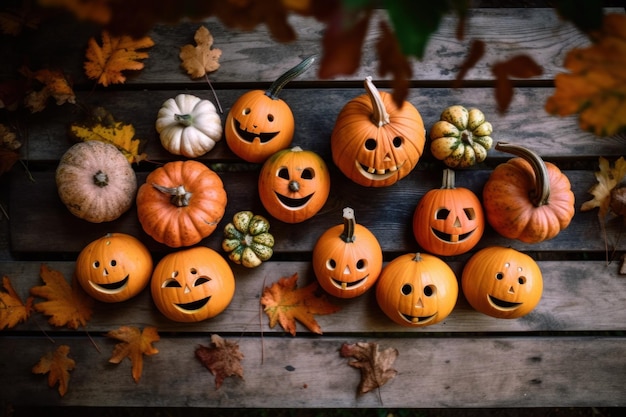 A group of pumpkins sitting on top of a wooden table generative ai image