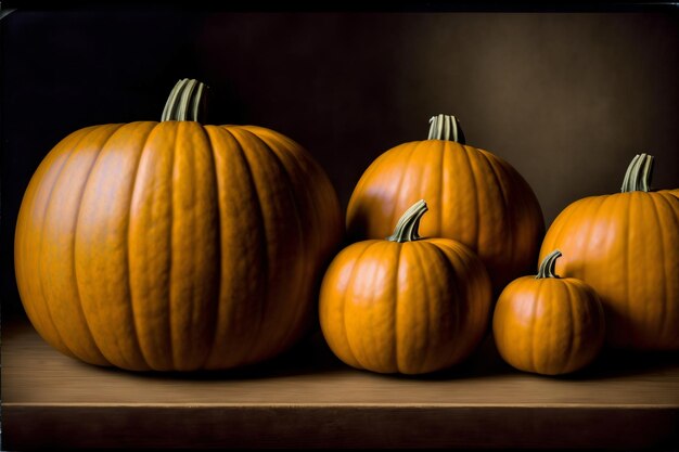 A Group Of Pumpkins Sitting On Top Of A Wooden Table