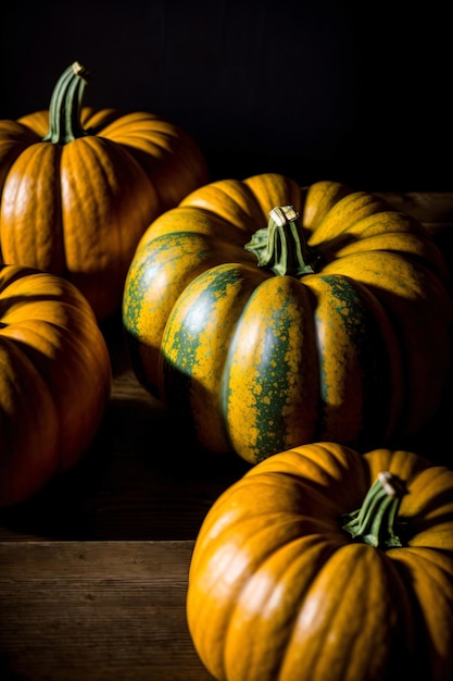 A Group Of Pumpkins Sitting On Top Of A Wooden Table