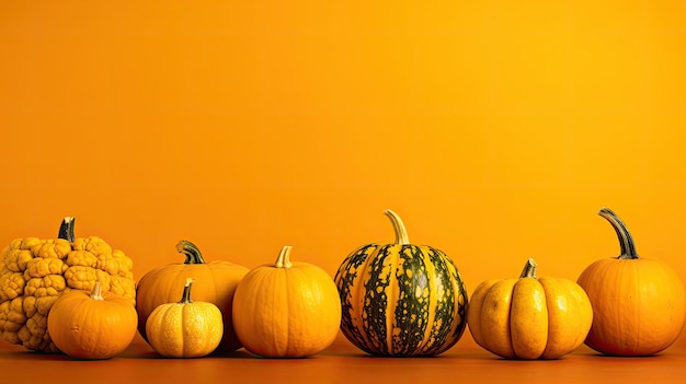 A group of pumpkins on a vivid yellow background or wallpaper