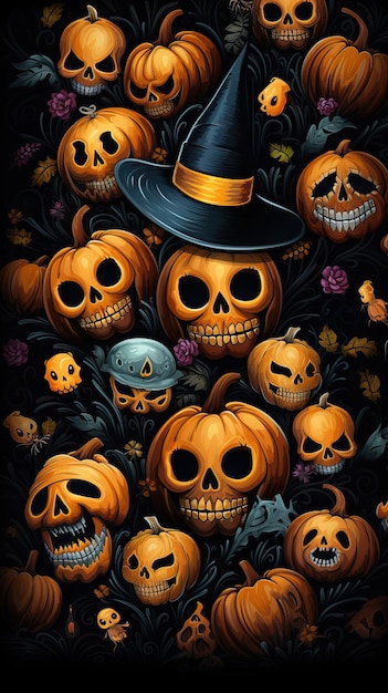 a group of pumpkins with a hat