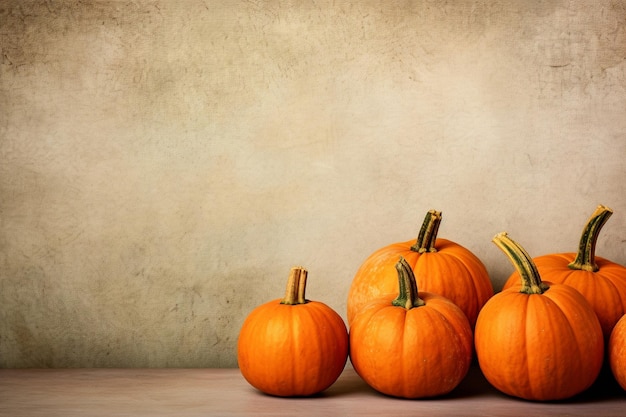 a group of pumpkins on a wooden table with a wall behind them.