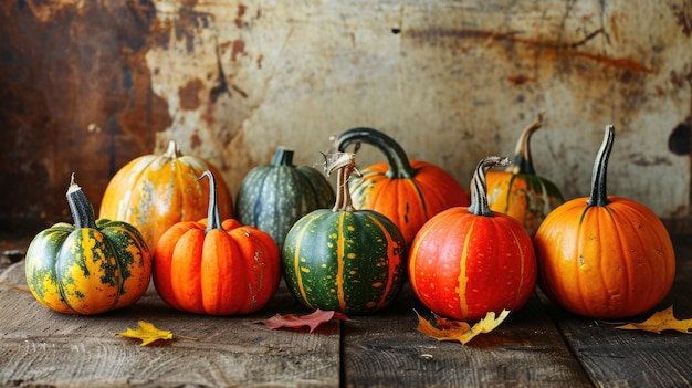 Photo group of pumpkins on wooden table