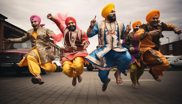 A group of punjabi boys with traditional dress doing bhangra