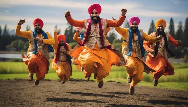 A group of punjabi boys with traditional dress doing bhangra