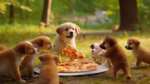 子犬のグループが公園でピザを食べています。