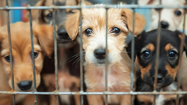 避難所のケージの中の子犬の群れ