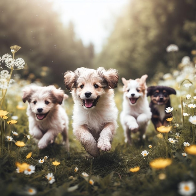 花の畑の子犬のグループ可愛い子犬の背景画像子犬の壁紙