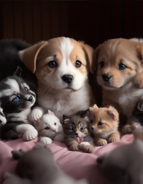 AIが生成した子犬と子猫のグループ