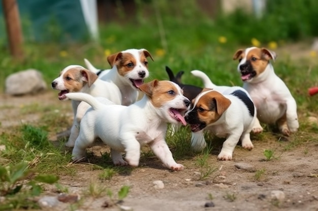 A group of puppies running around in a field