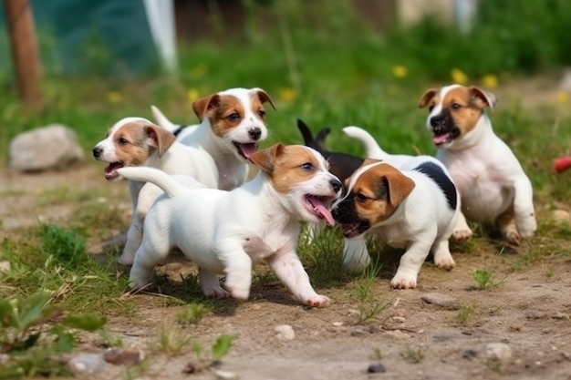 野原を走り回る子犬の群れ