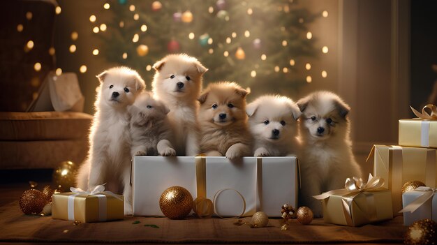 A group of puppies sit on a christmas tree with a christmas tree in the background.