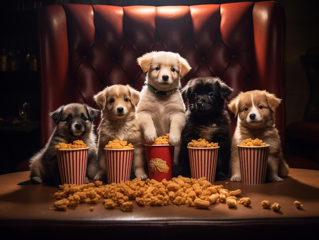 A group of puppies sit in front of popcorn and one of them is holding a bucket of popcorn.