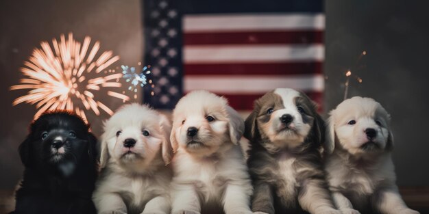 A group of puppies sitting in front of an american flag Generative AI image