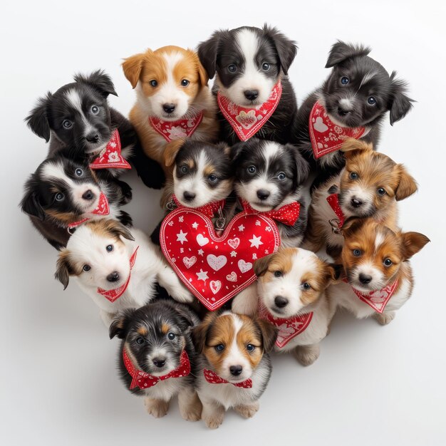 Photo group of puppies with heartadorned collars