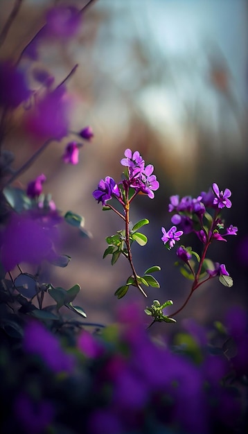 緑豊かな緑のフィールド生成 ai の上に座っている紫色の花のグループ