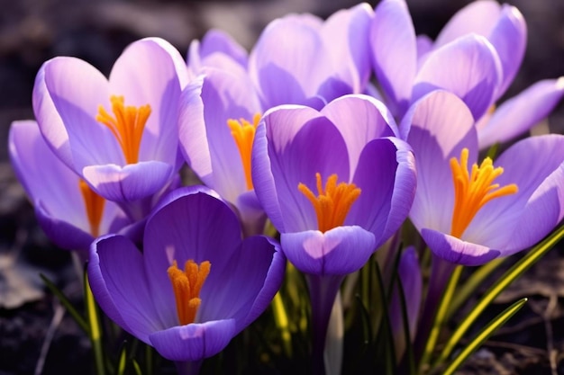 A group of purple flowers with yellow centers