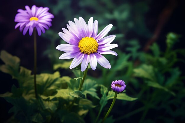 a group of purple and white flowers with yellow petals