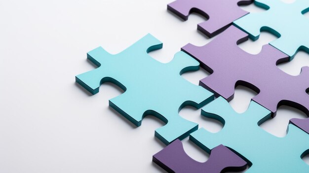 A group of puzzle pieces on a white surface.