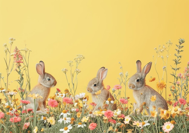 Group of Rabbits Sitting in a Field of Flowers