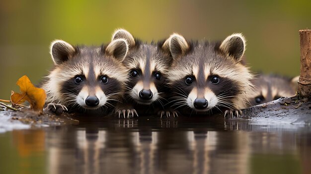 Photo a group of raccoons are laying in front of a mirror