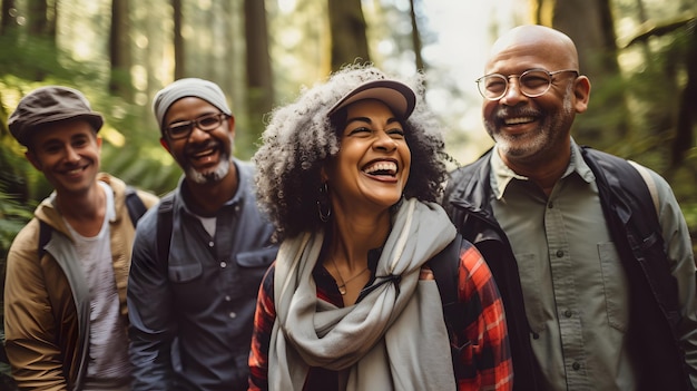 A group of racially diverse seniors in their 70s hiking