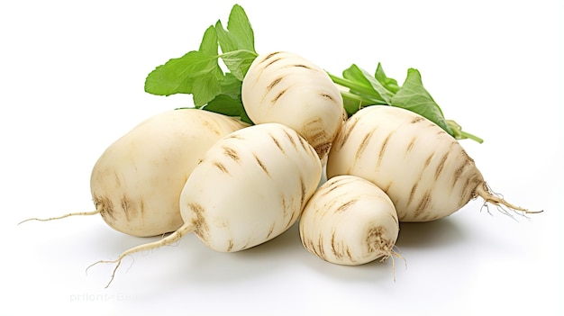 a group of radishes with leaves on a white background.