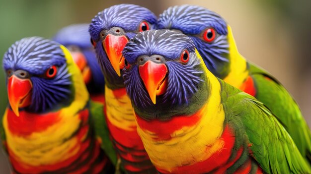 Photo group of rainbow lorikeets in the wild