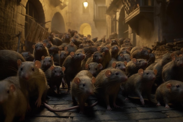 A group of rats are gathered on a street.