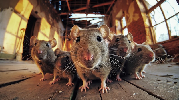 A group of rats are perched on top of a sidewalk seemingly observing their surroundings