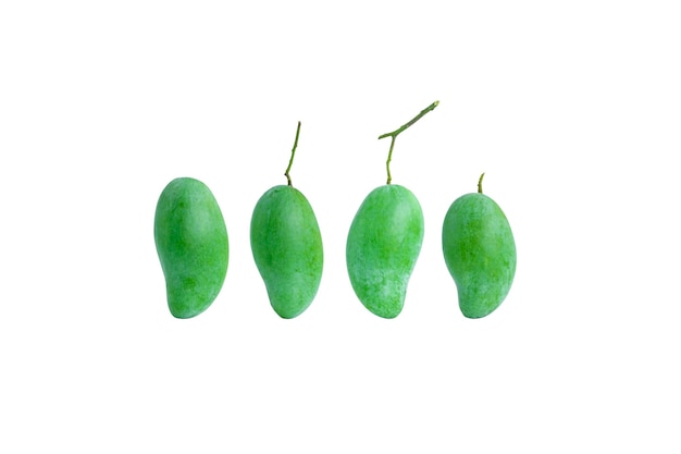 Group of raw mangoes isolated on white background.