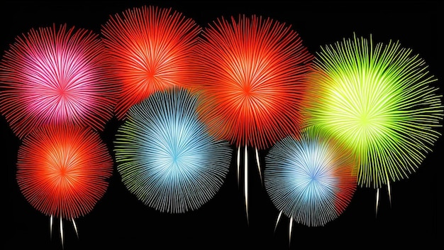 A group of realistic bright fireworks lights up the night sky