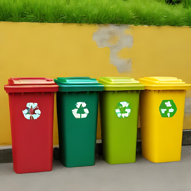 a group of recycling bins that say recycle and recycle