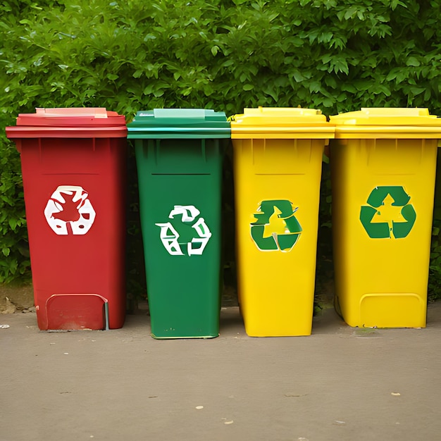 a group of recycling bins that say recycle and recycle