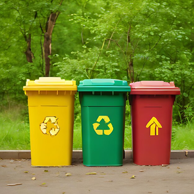 a group of recycling bins with a green arrow pointing to the left