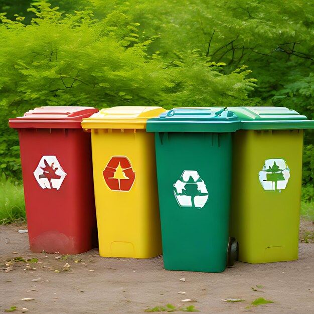 a group of recycling bins with one that says recycle