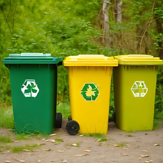 a group of recycling bins with a recycle sign on the bottom