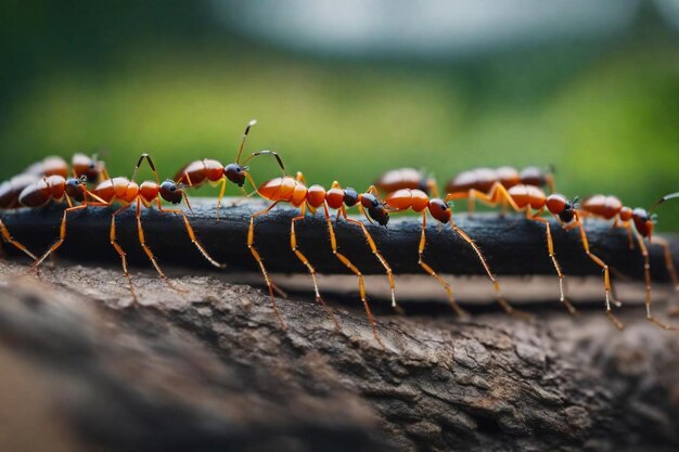 a group of red ants are on a fence and one is red