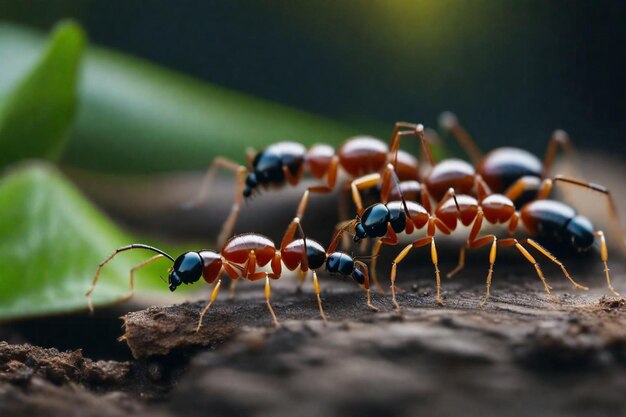 a group of red ants are on a tree stump