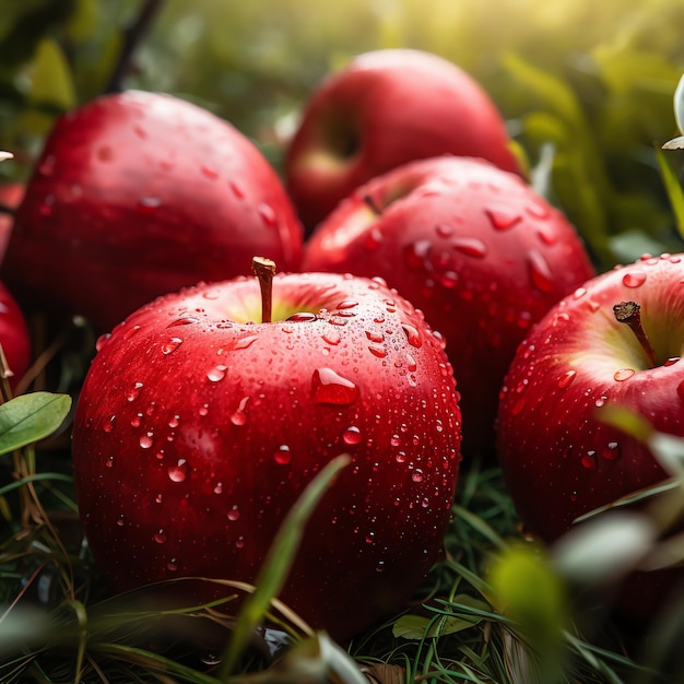 A group of red apples in grass