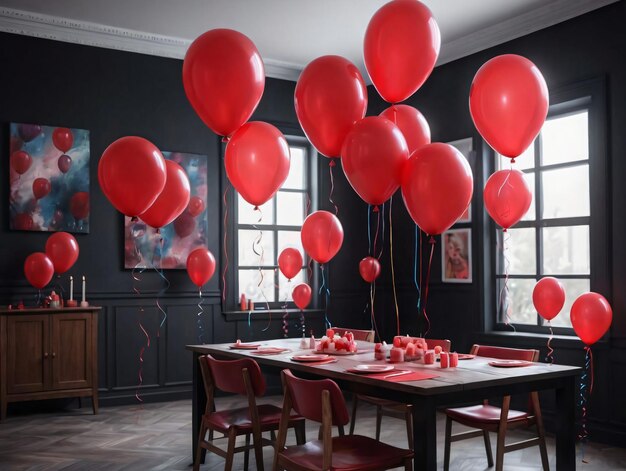 A Group Of Red Balloons Floating Over A Dining Room Table